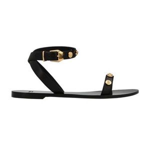 Versace Medusa Flat Leather Sandal, Black/Gold, 37